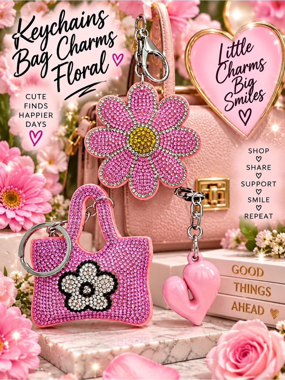 Cute flower 🌼 heart 💜 set keychains bag charms